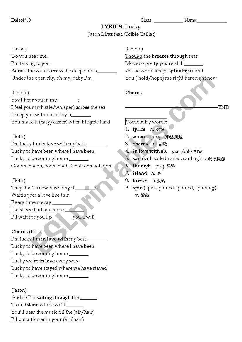 lyrics cloze- lucky worksheet