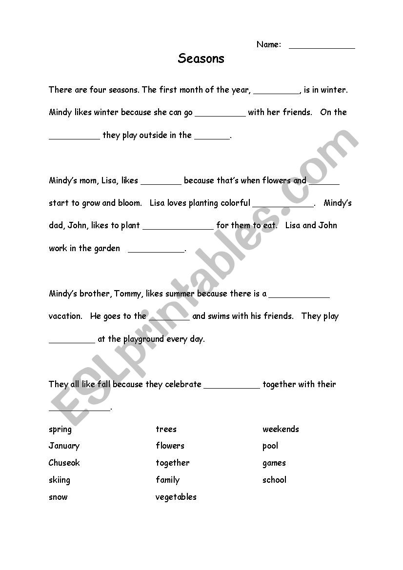 Seasons Cloze worksheet