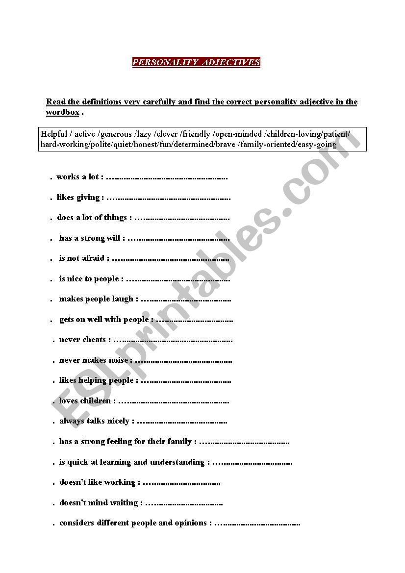 personality adjectives worksheet