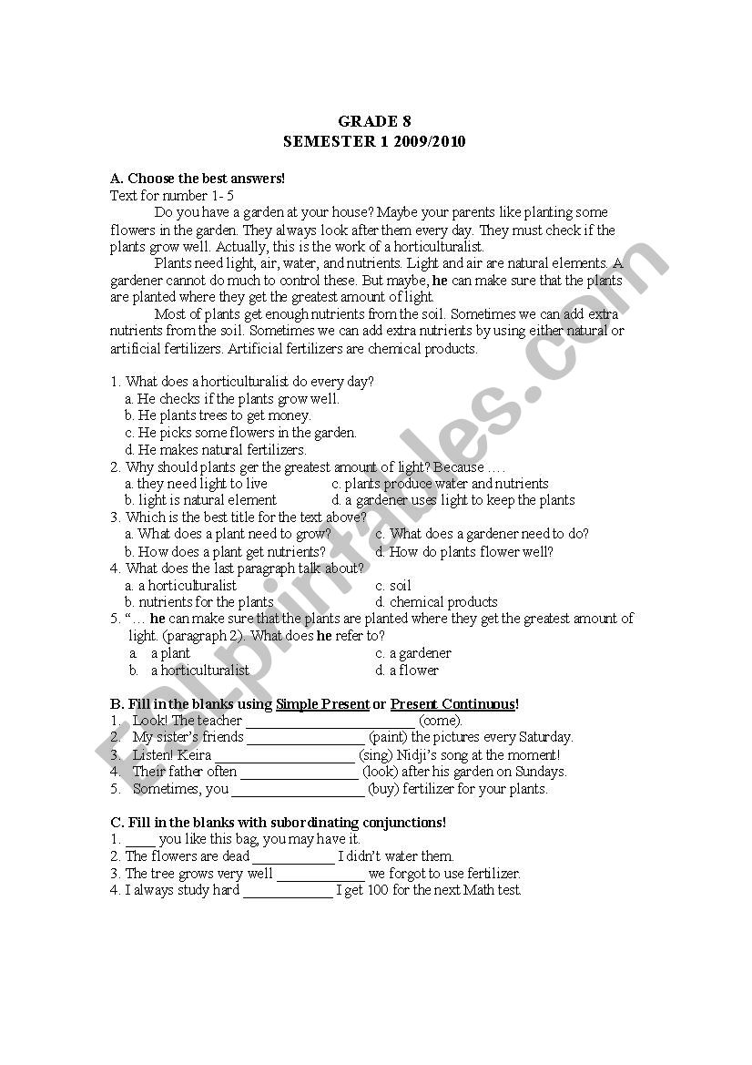 Worksheet English for grade 7 worksheet