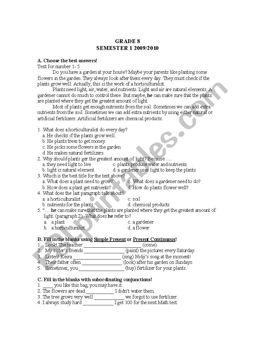 Worksheet English for grade 7 worksheet