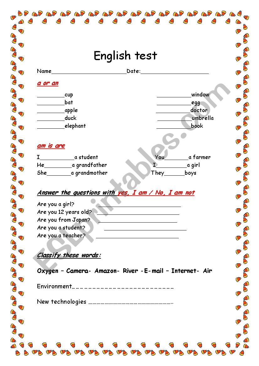 Simple short test worksheet