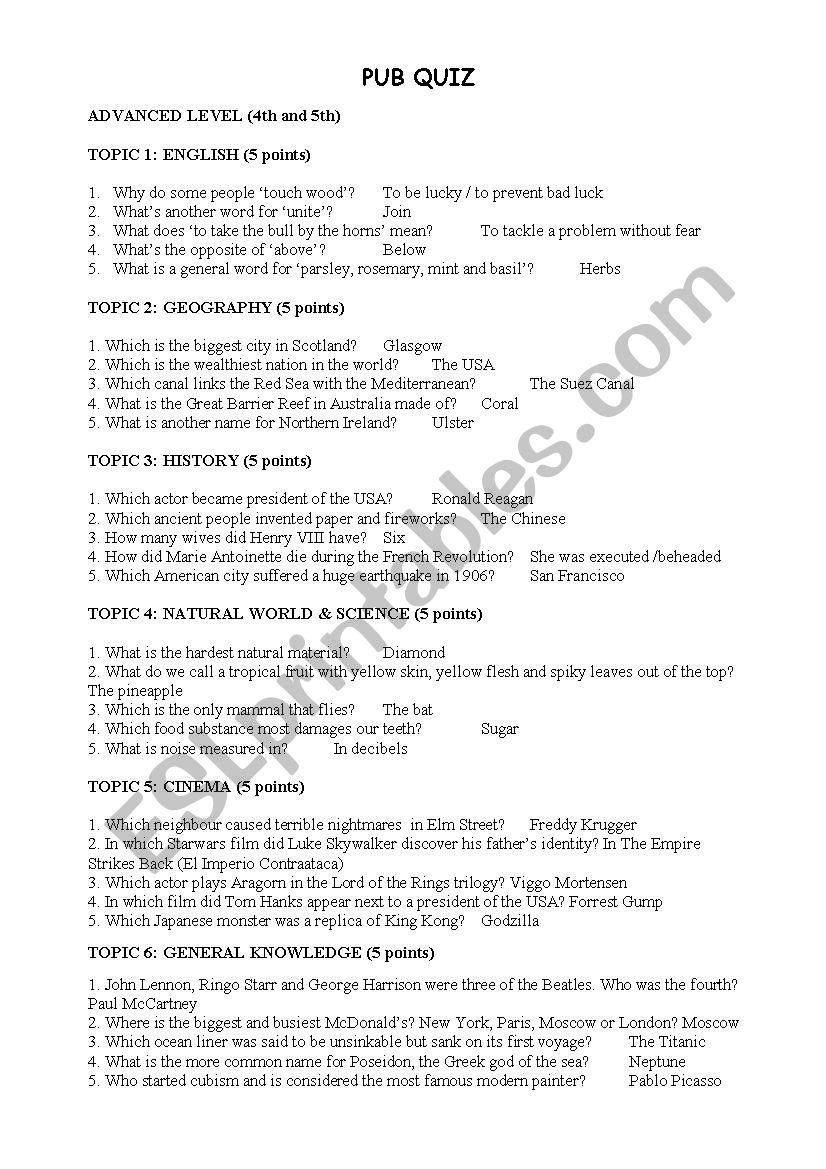 Pub quiz worksheet