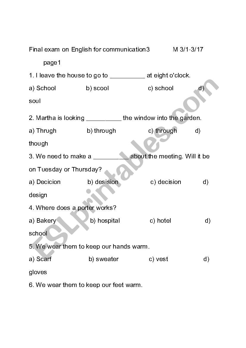 Exam on English for communiction