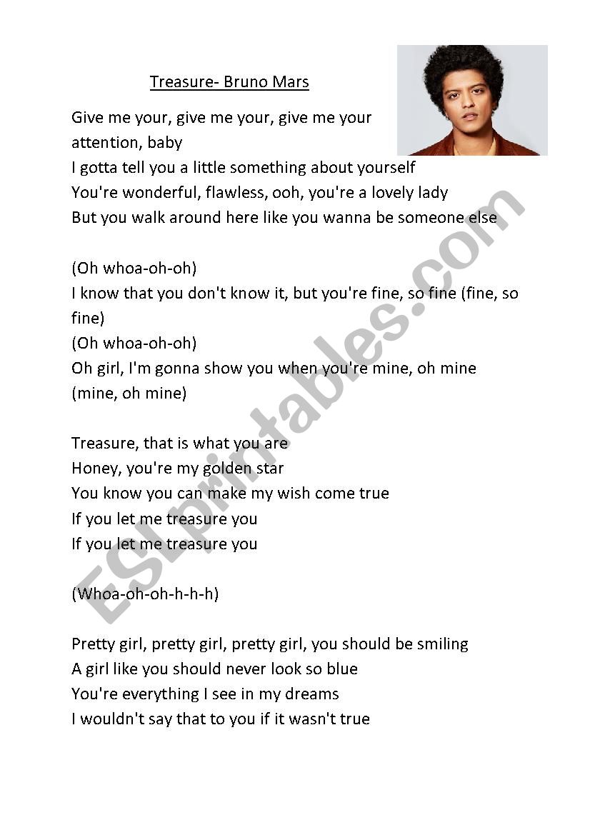 Treasure Bruno Mars worksheet