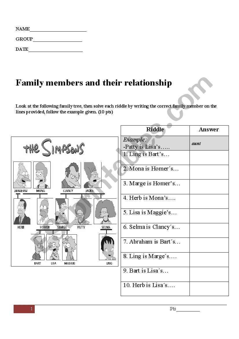 Family members worksheet