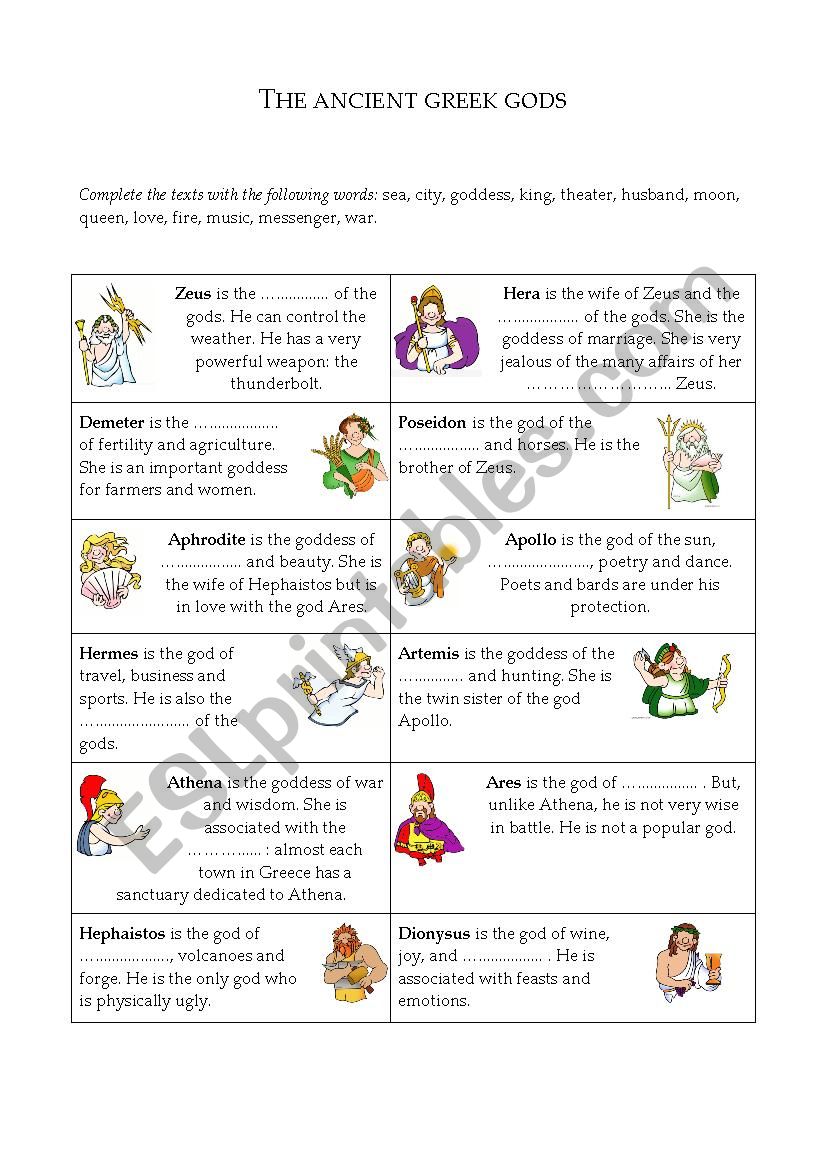 The Ancient Greek Gods worksheet