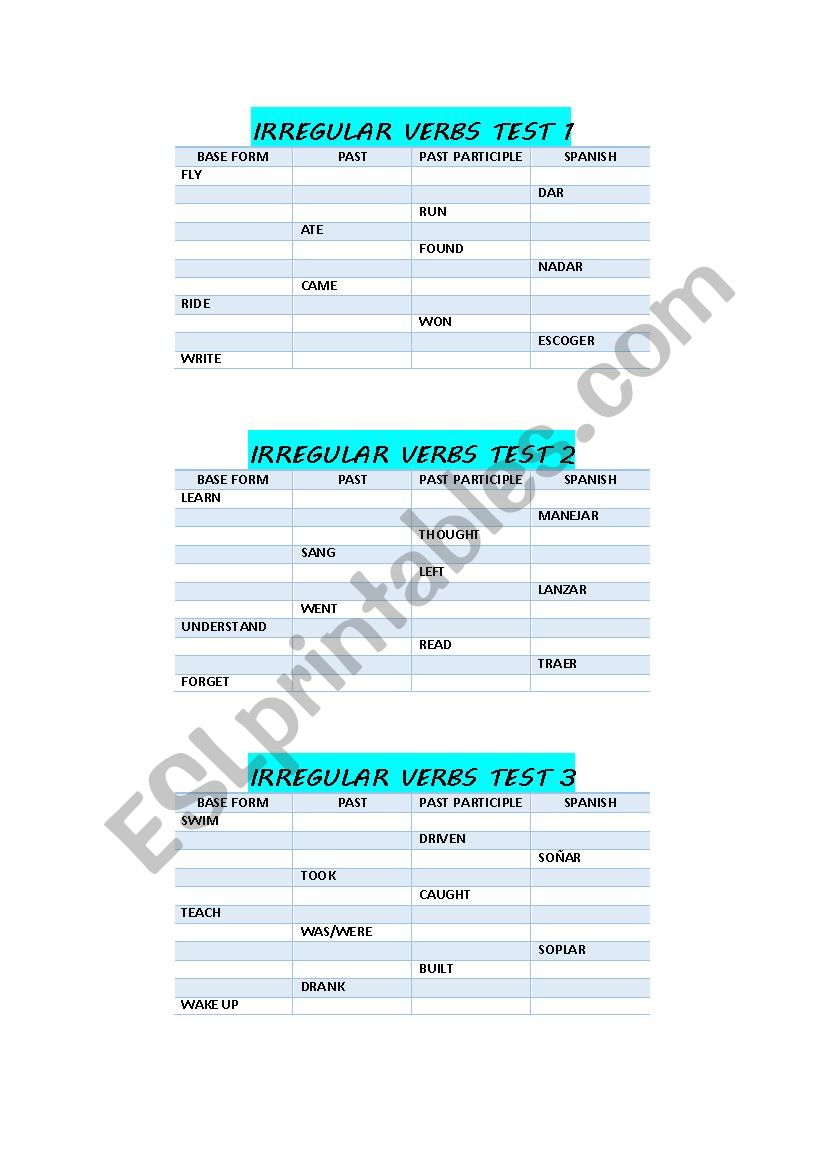 IRREGULAR VERBS QUIZ worksheet