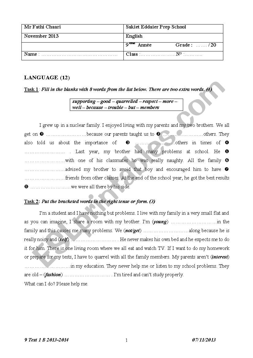 Test 1 B 9th Form 2013 worksheet