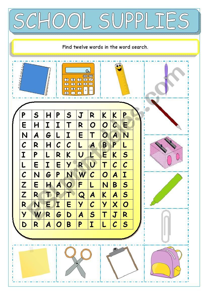 School Supplies Wordsearch worksheet