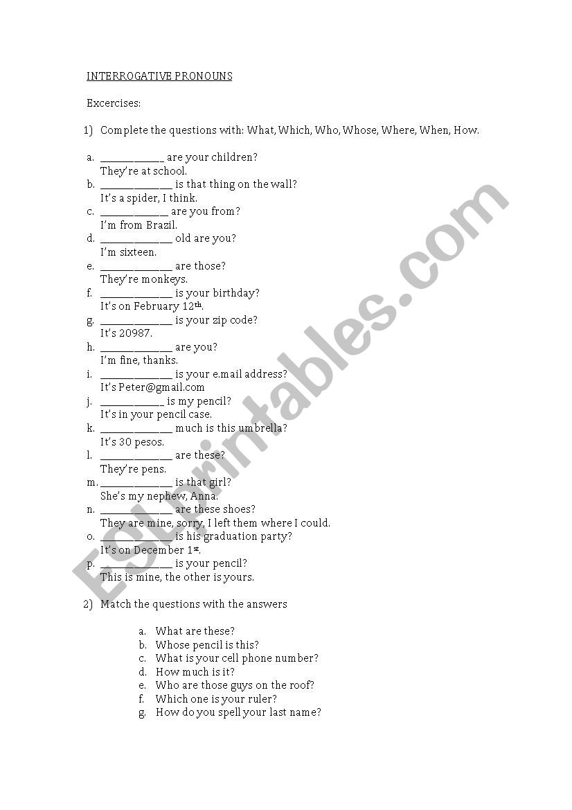 Interrogative Pronouns worksheet