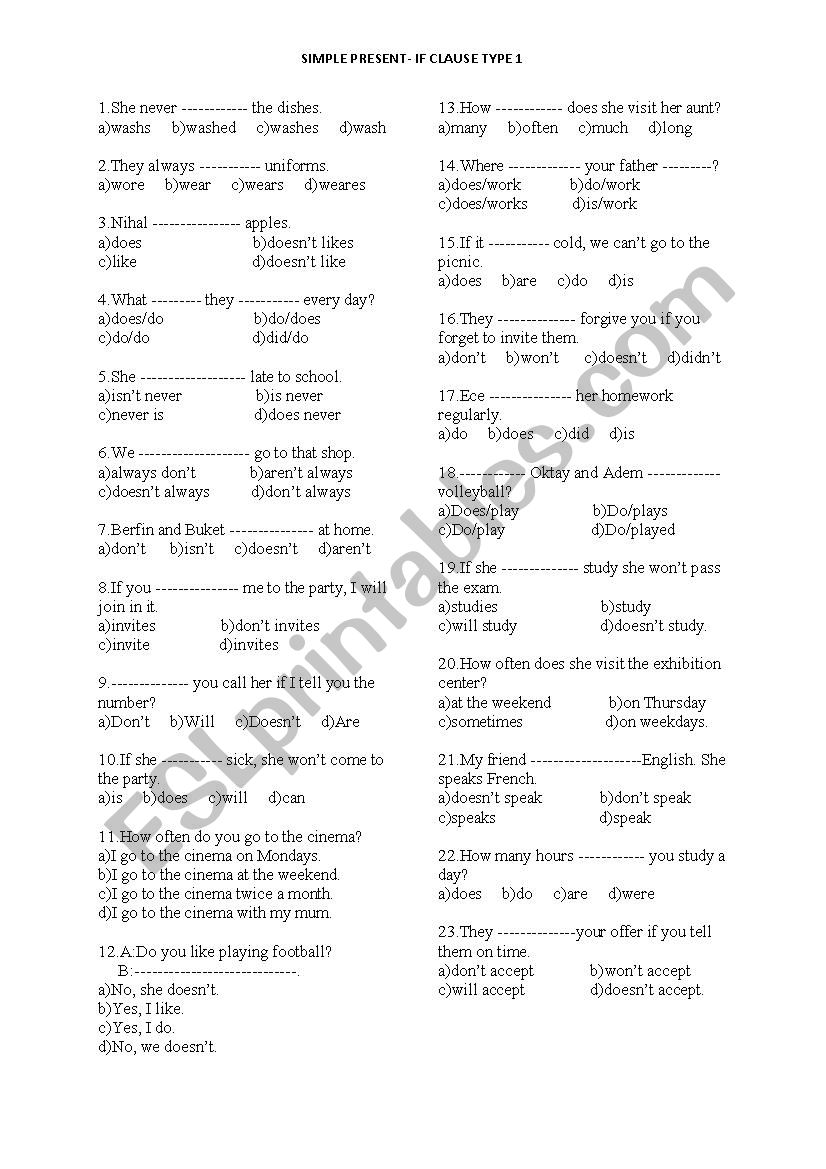 Simple Present  Tense Multiple Choice Test