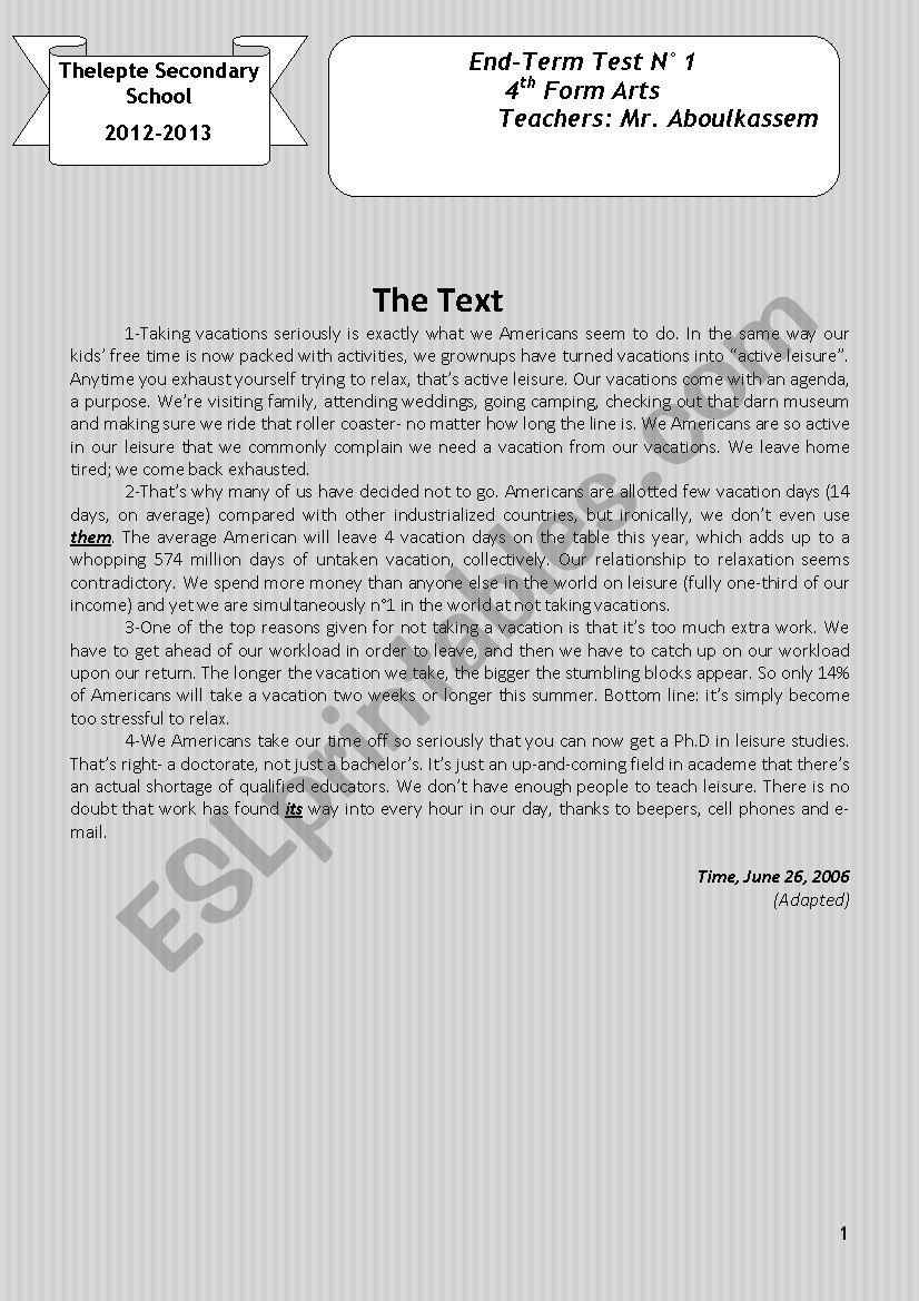 End-of-term test n1 worksheet