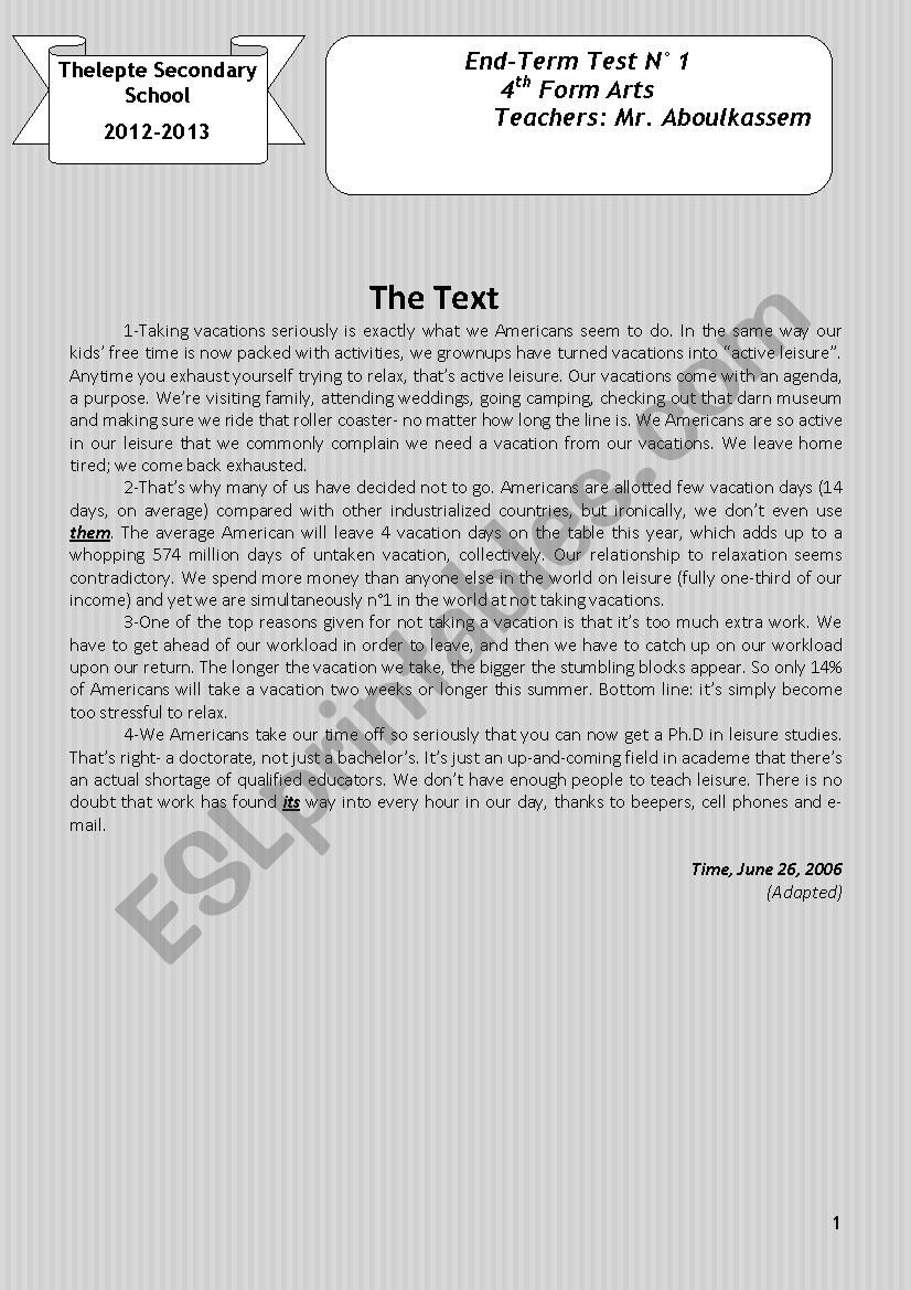 End-of-term test n1 worksheet