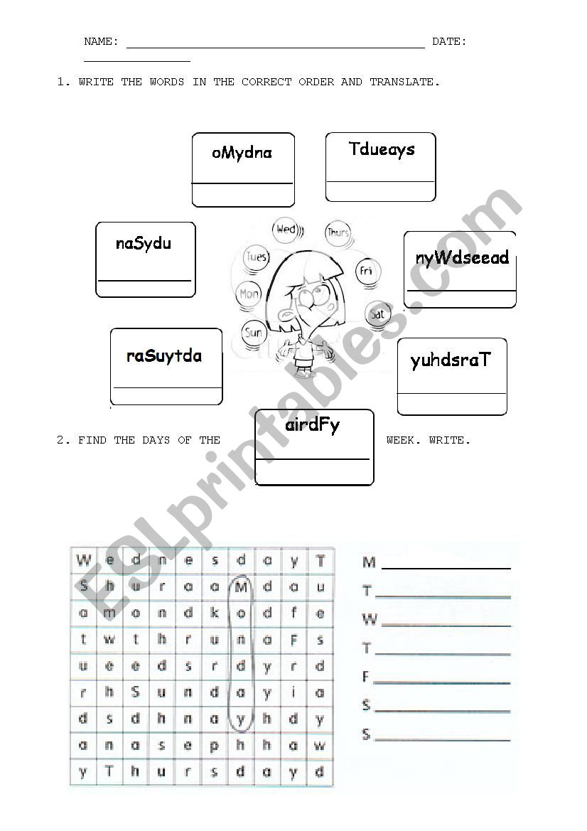 days of  the week worksheet