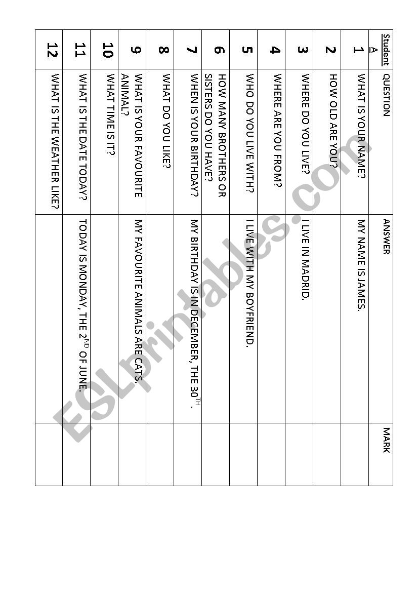 Questions and Answers worksheet