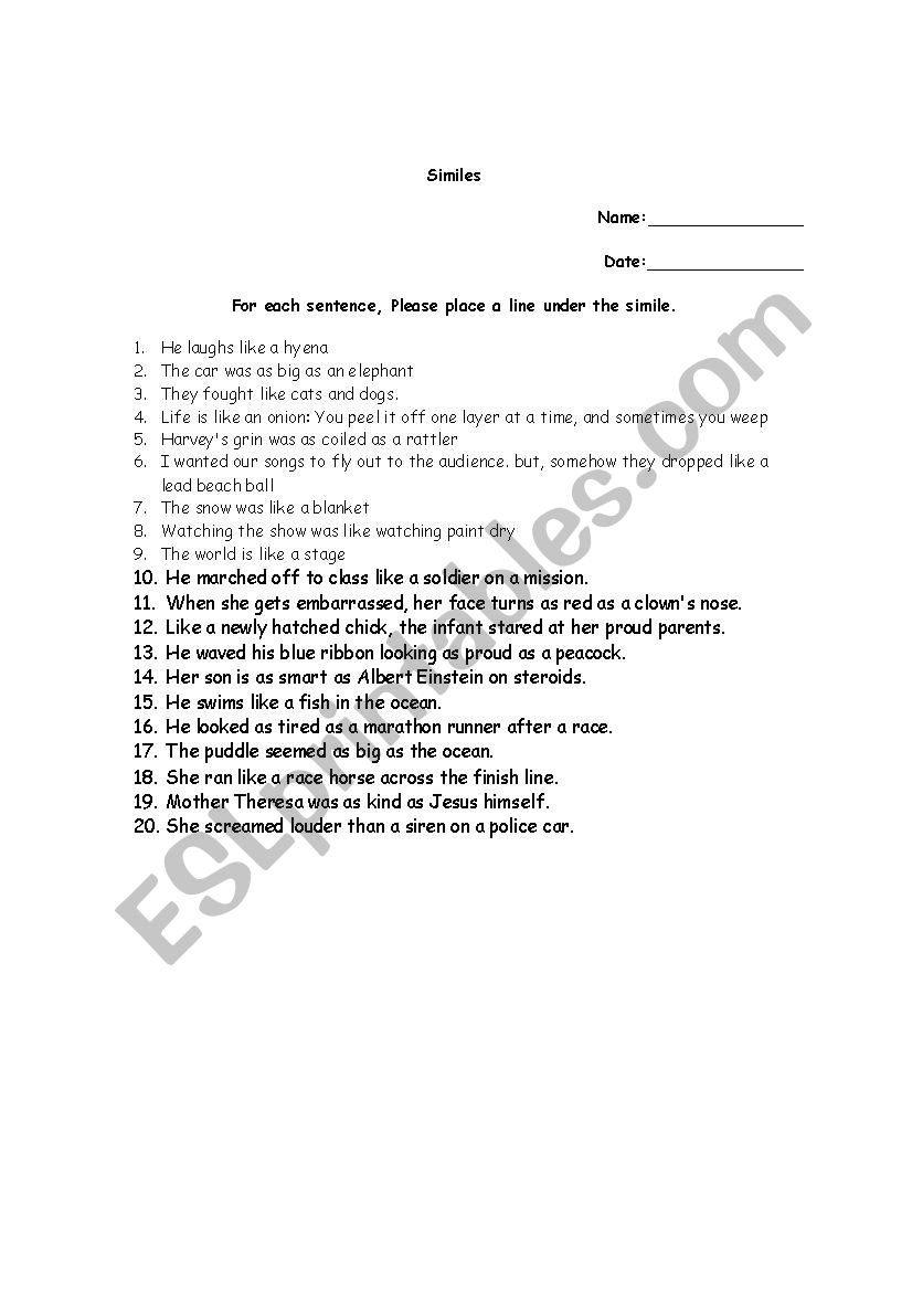 Similes worksheet