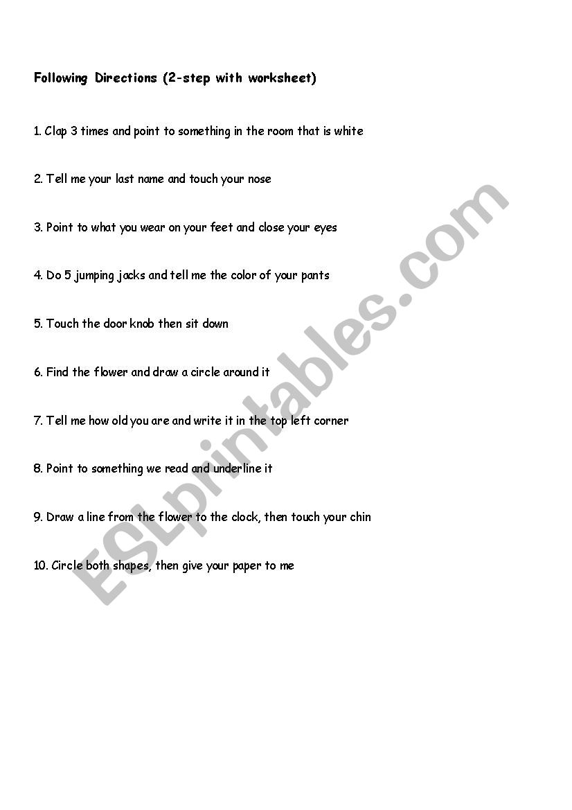 Following Directions (2Step, 3Step, with pictures) ESL worksheet by