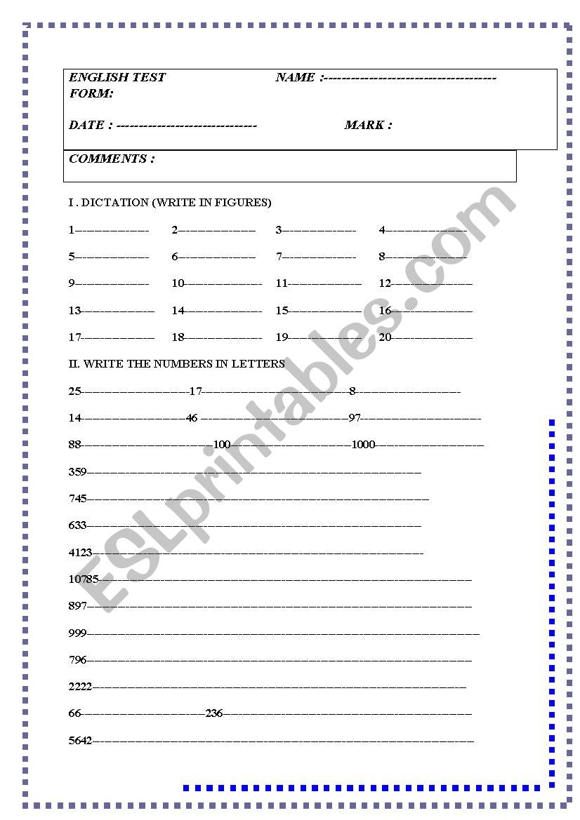 Numbers and dates:test worksheet