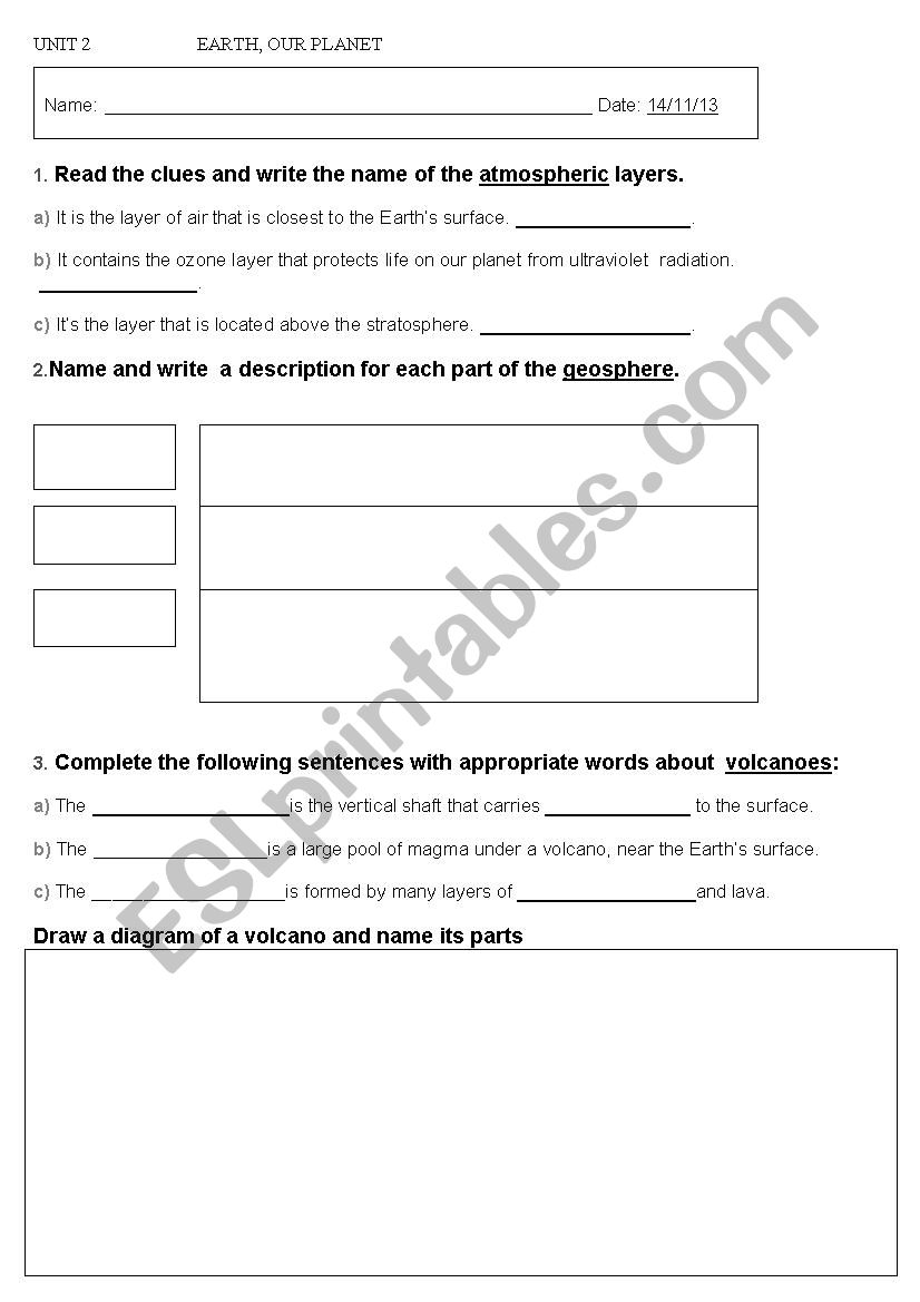 Earth, our planet TEST worksheet