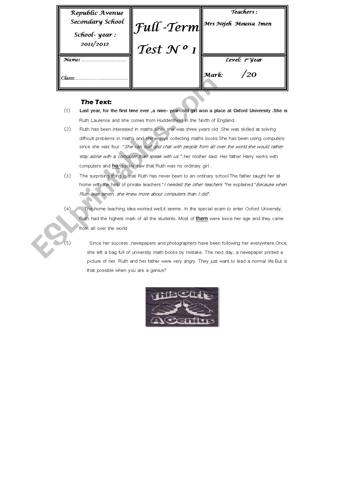 FULL TERM TEST FIRST YEAR  worksheet