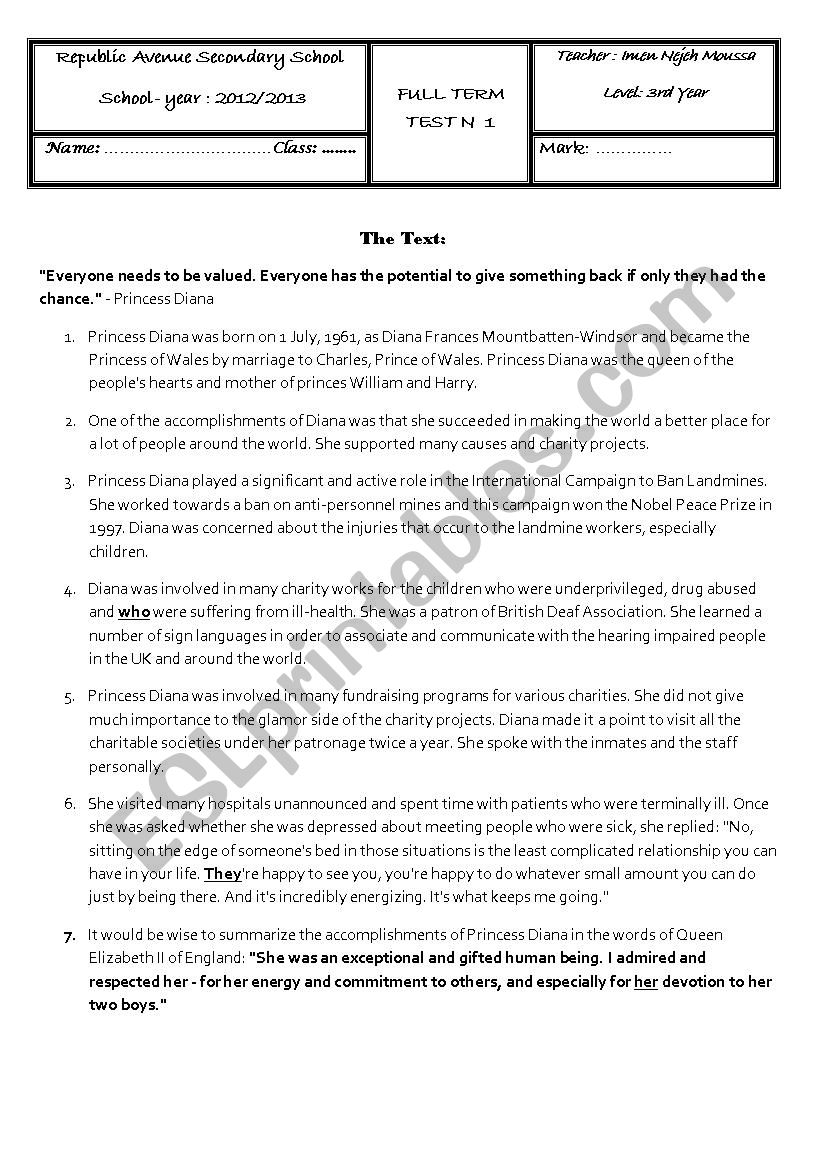 FULL TERM TEST  1 THIRD YEAR  worksheet