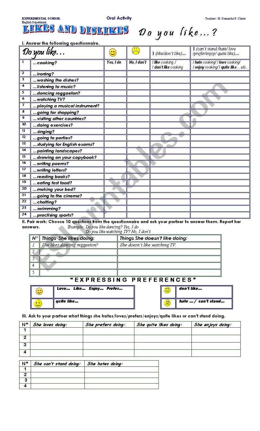 likes and dislikes worksheet