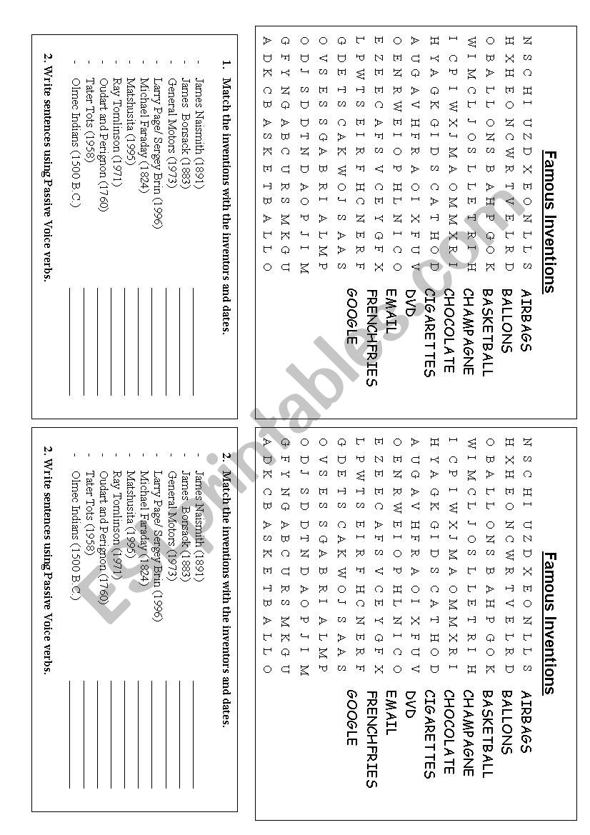 Inventions wordsearch worksheet
