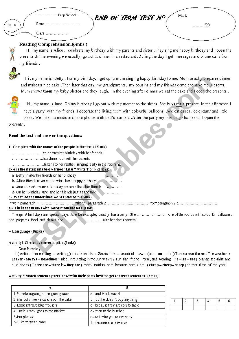 End of term test 1 7th forms  worksheet