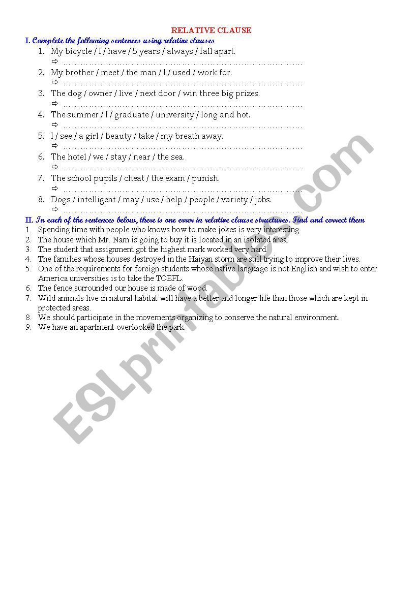 RELATIVE CLAUSE worksheet