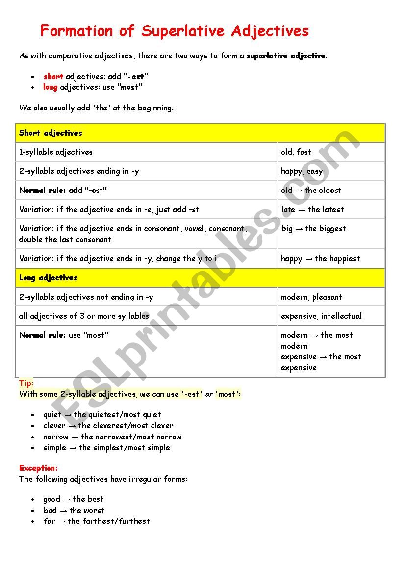 forming superlatives worksheet