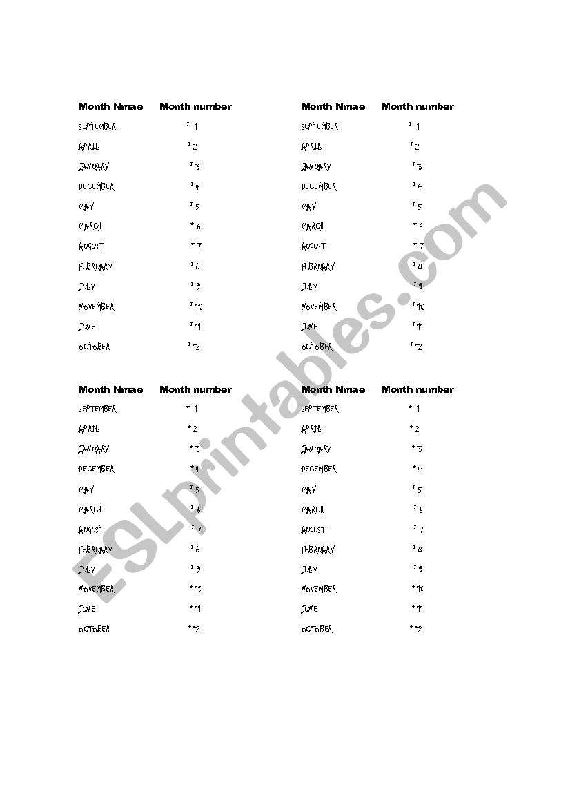 Months worksheet