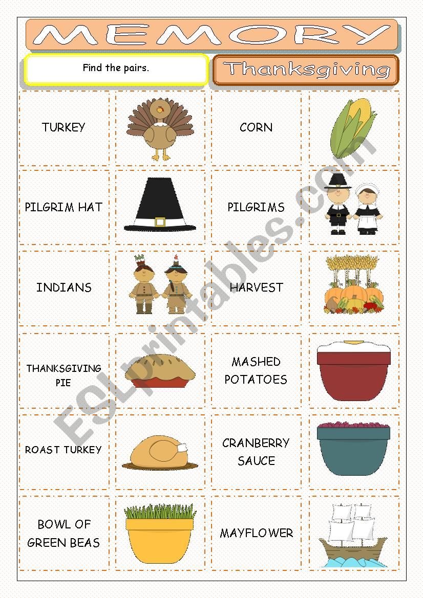 Thanksgiving Memory worksheet