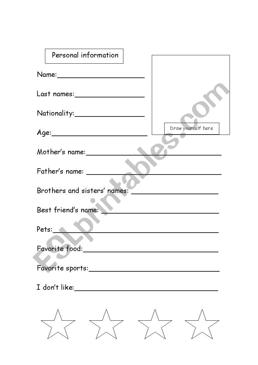 Personal Information worksheet