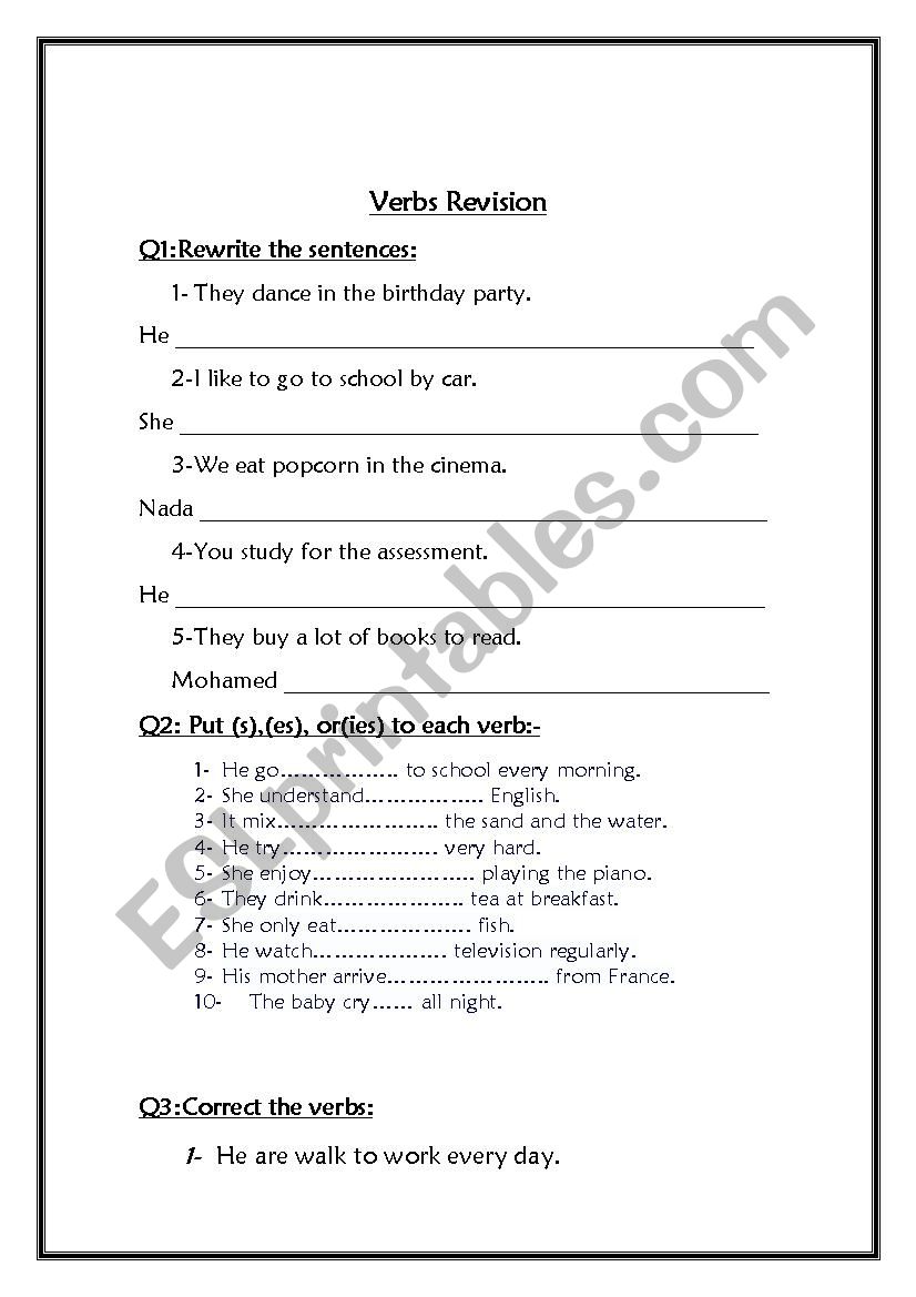 verbs revision worksheet