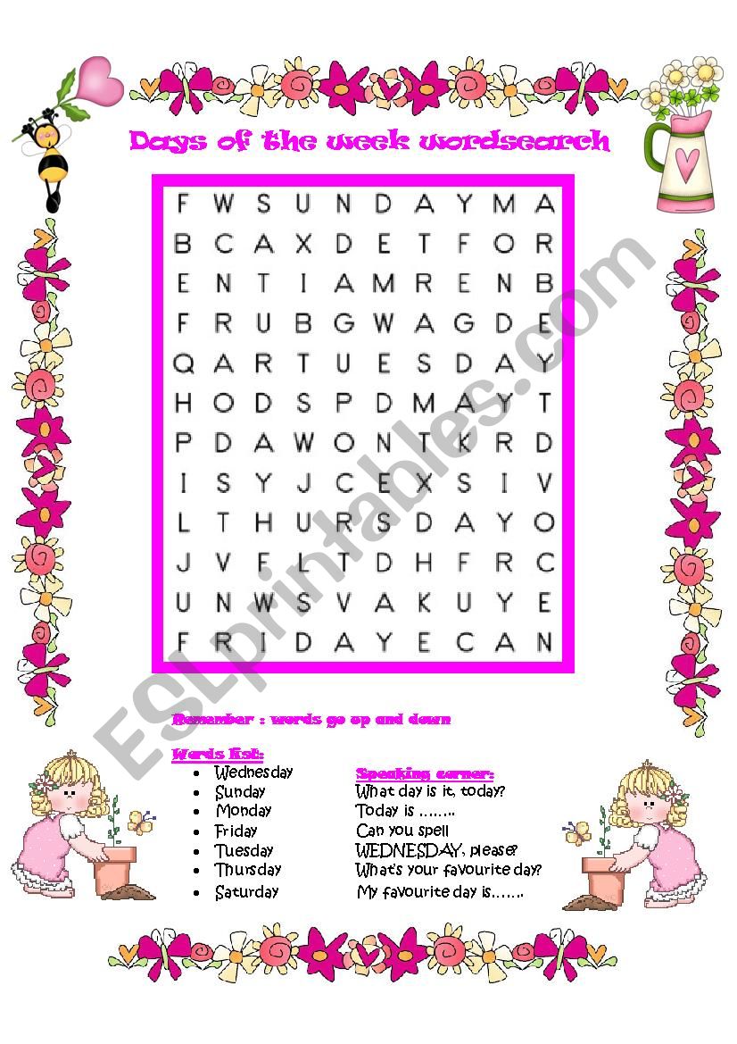 Days of the week wordsearch worksheet