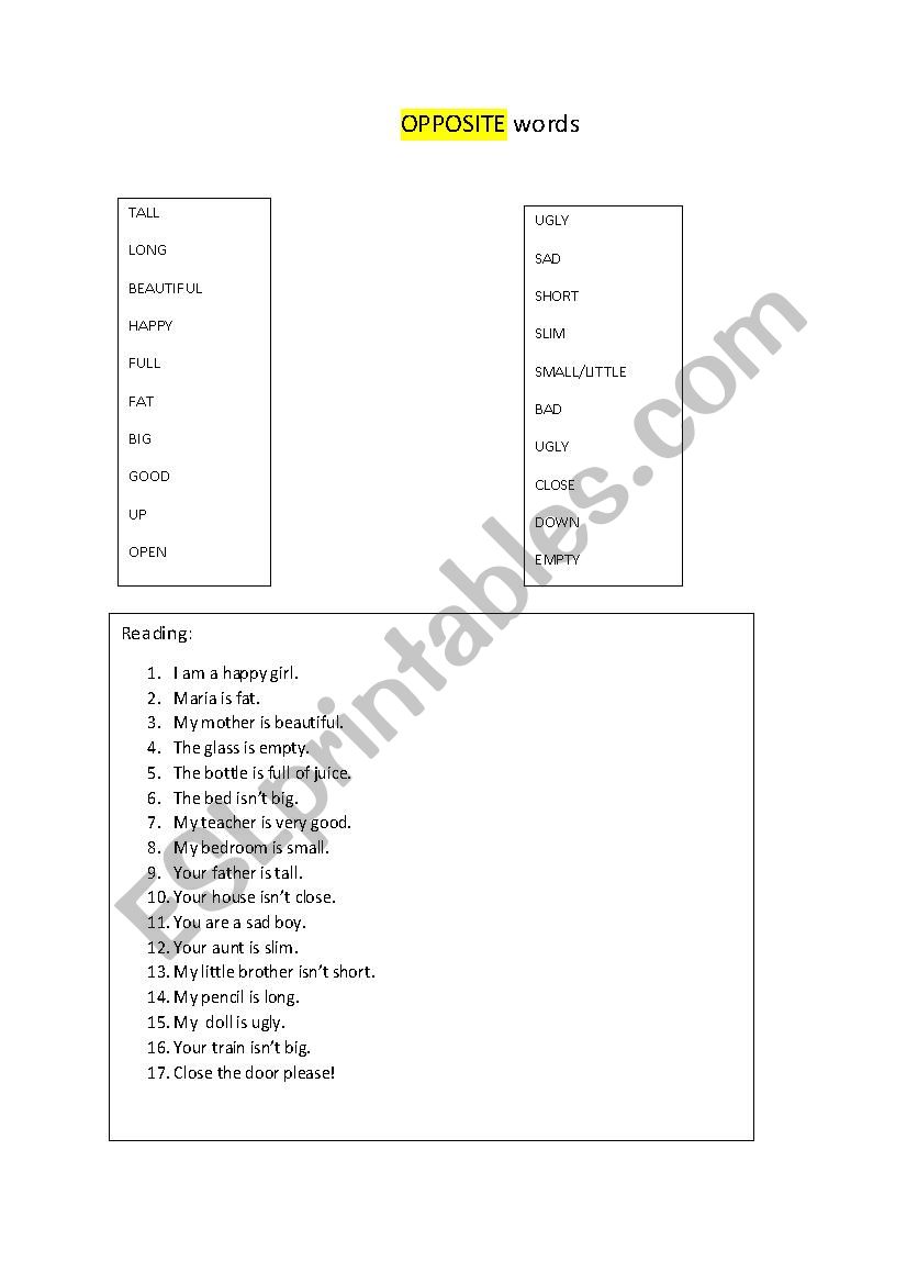 Opposite words worksheet