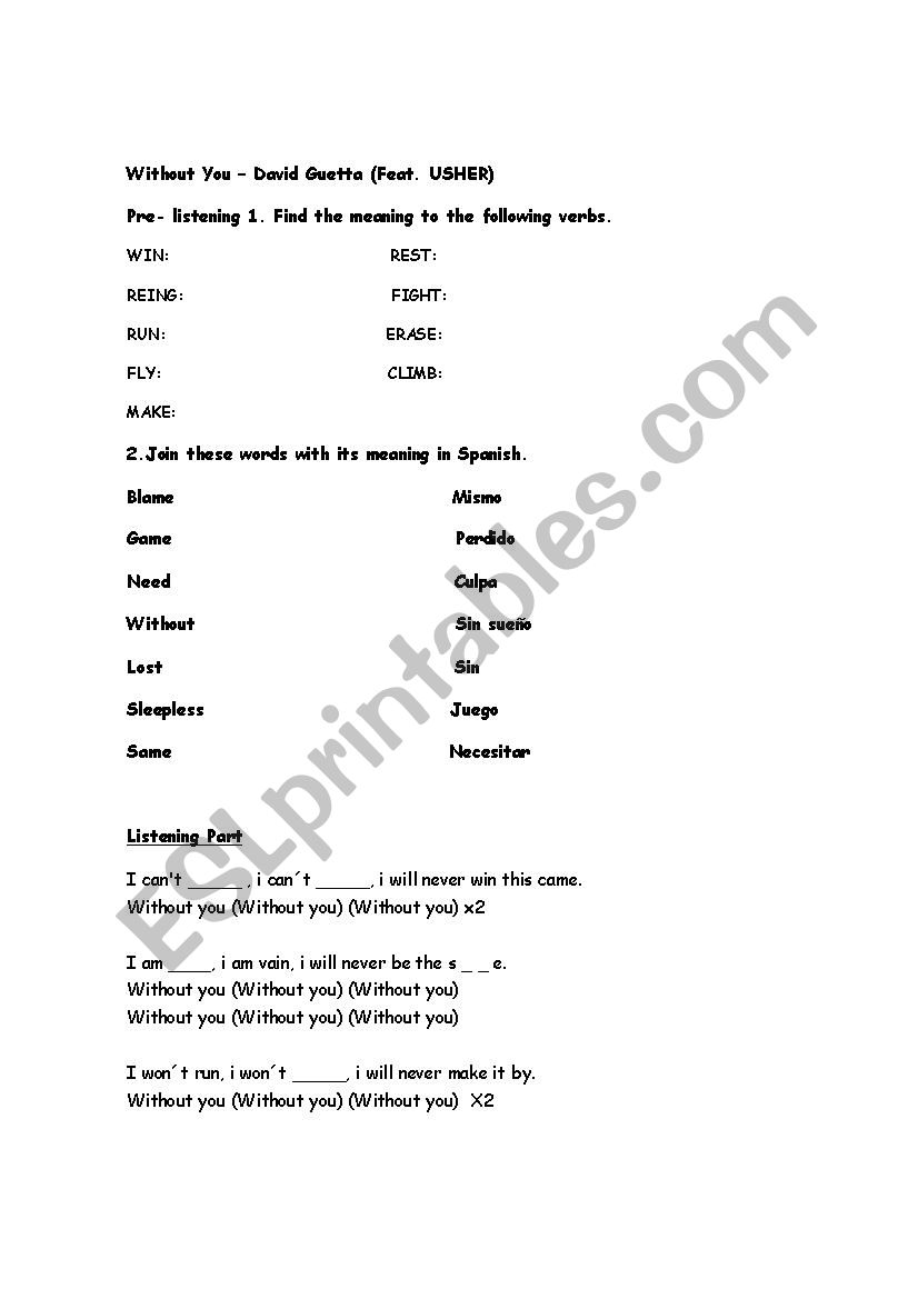 Without You David Guetta worksheet