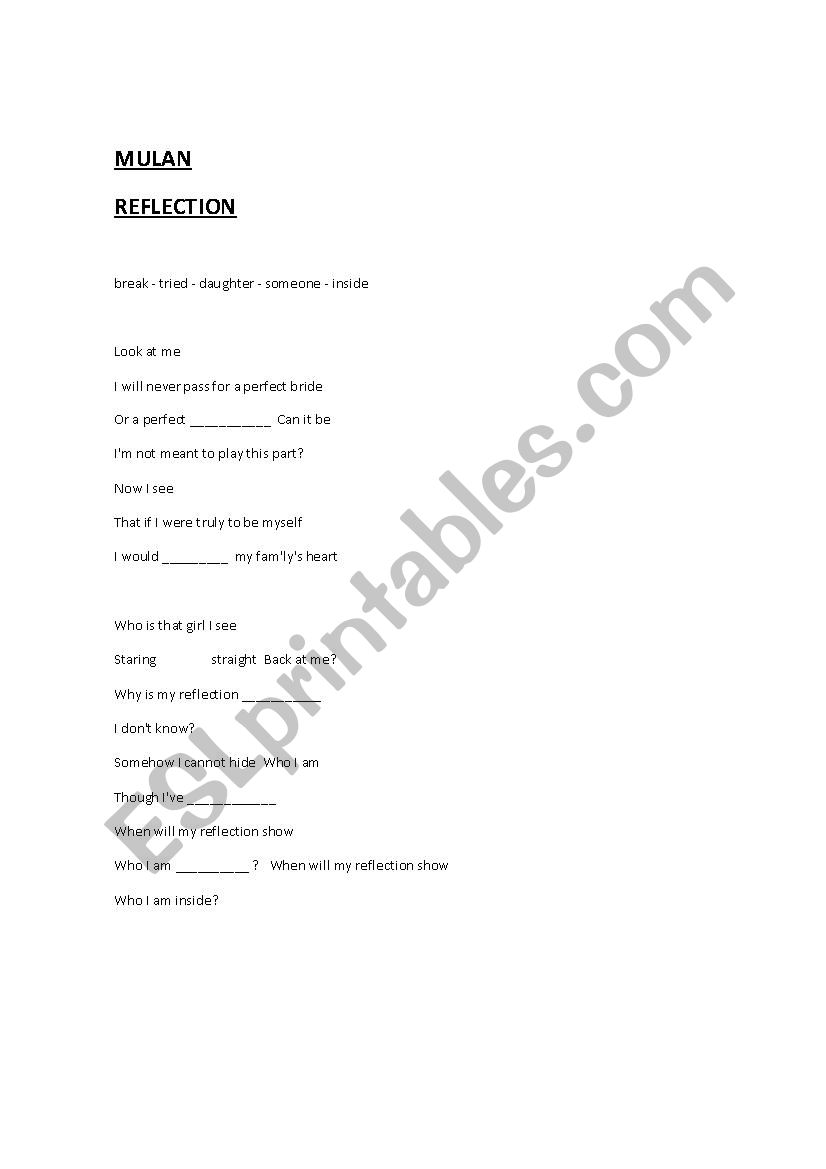 REFLECTION - MULAN worksheet