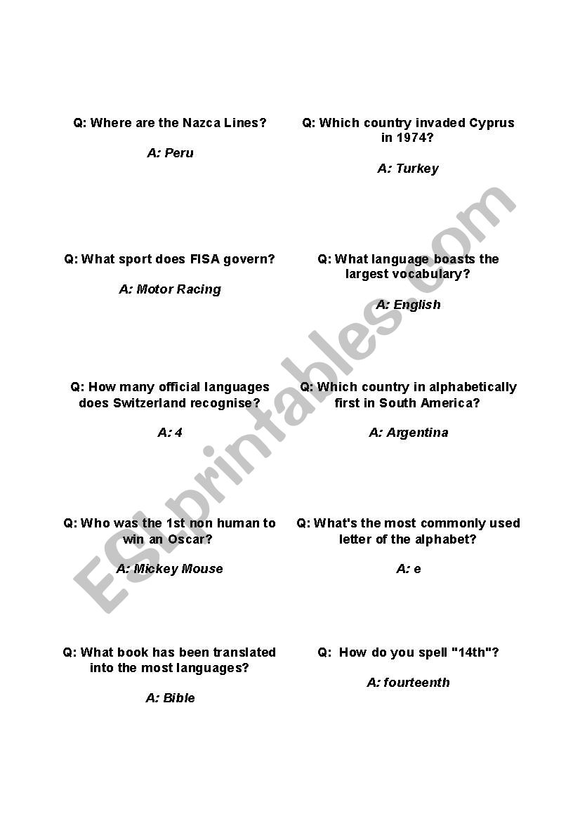 General Knowledge Board Game worksheet