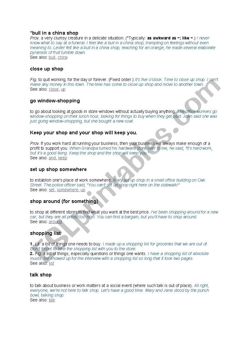 Shopping and idiom worksheet