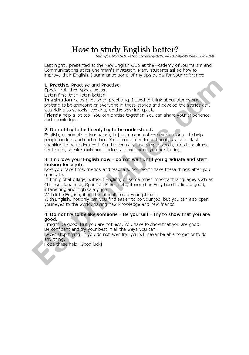 How to study English well worksheet