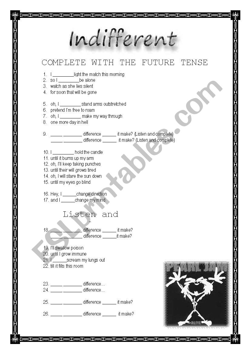 INDIFFERENT - PEARL JAM worksheet