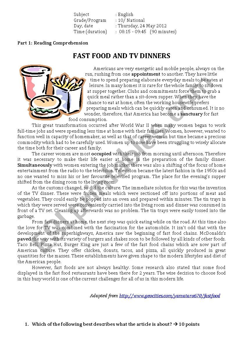 Reading worksheet: Fast Food and TV Dinners