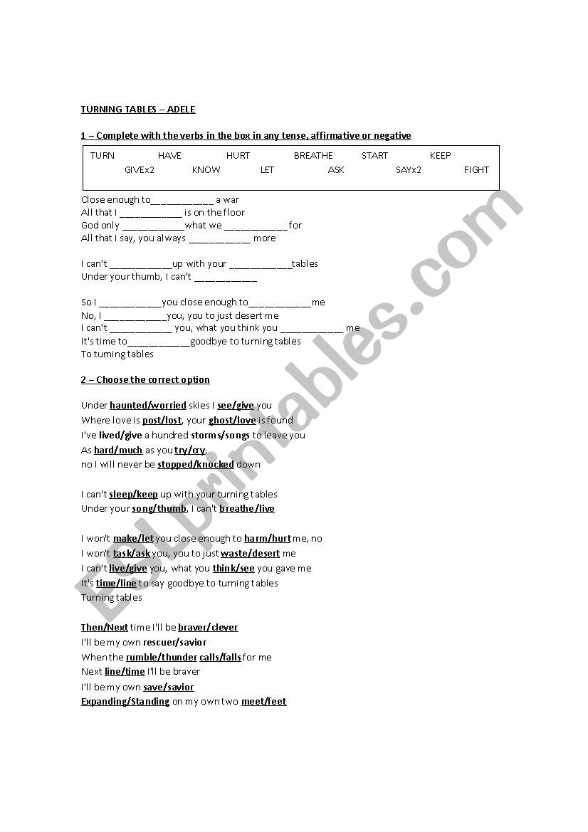 Adele - Turning Tables worksheet 