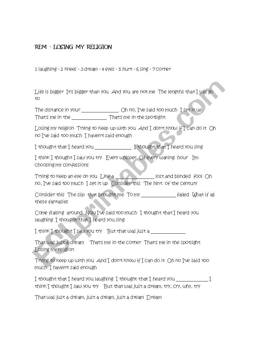   LOSING  MY  RELIGION - REM worksheet