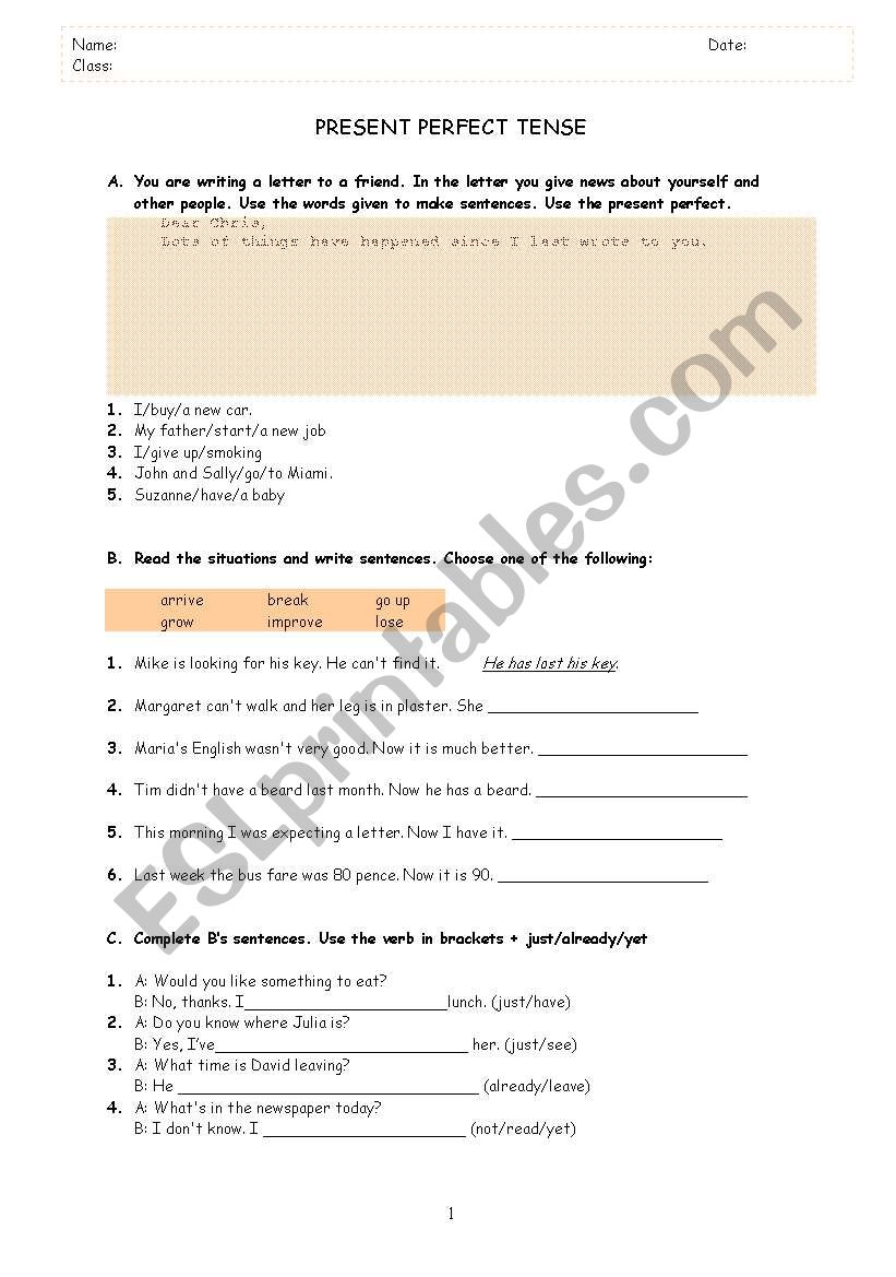 Present Perfect Tense worksheet