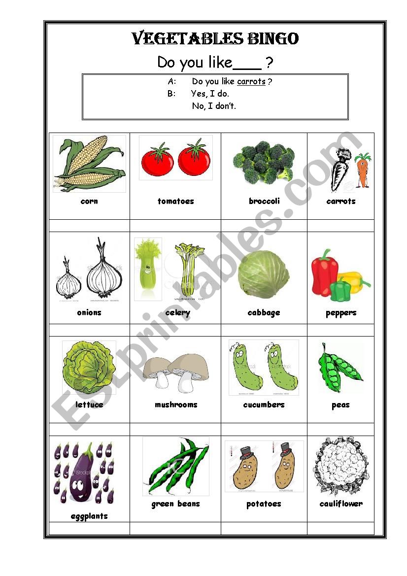 Vegetables Bingo - Interview each other: Do you like~? 