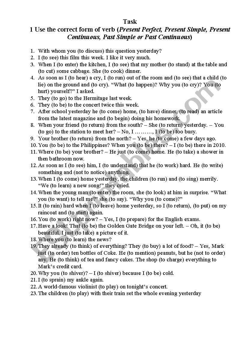 the  use of tenses worksheet