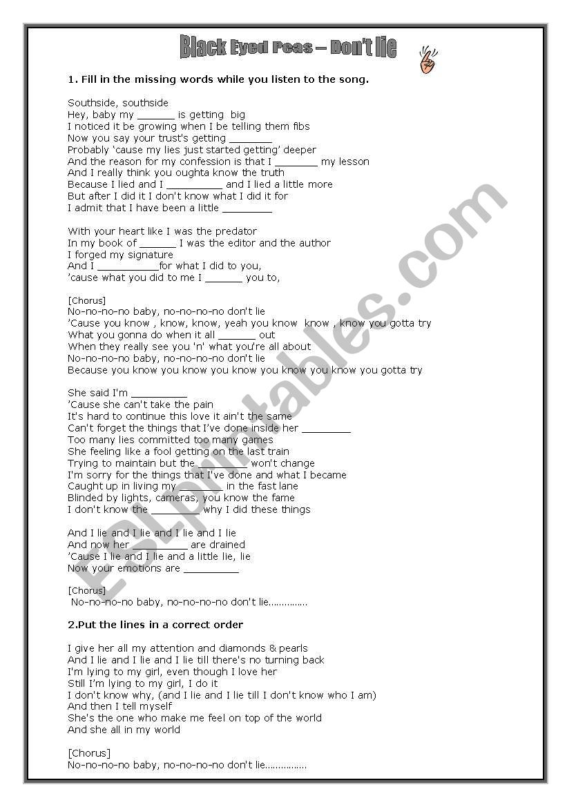 dont lie - black eyed peas worksheet